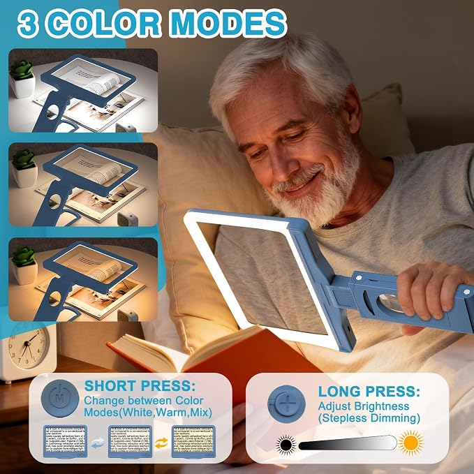 30X 6X Rechargeable Magnifying Glass for Reading, Large Full Page Magnifier with Folding Stand, 3 Color Light Modes, Dimmable LED Lighted, Hands Free Book Magnifier for Low Vision Seniors, Blue