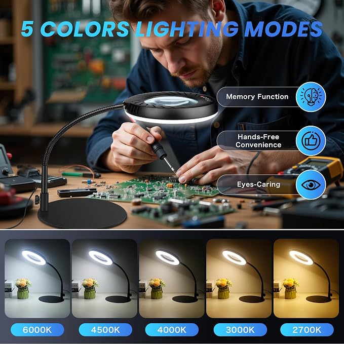 Akynite 12X Magnifying Glass with Light and Stand,5 Color 9 Levels Dimmable | Hands Free, Flexible Gooseneck, USB, with Adapter, Dual Base, 144 LED, Real Glass Magnifier Desk Lamp for Craft Close Work