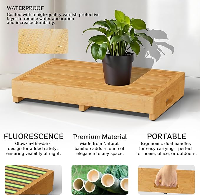 Homerays One Step Stool for Elderly,Bamboo High Riser Step Stool for Bed with Fluorescent Function No Assembly Required - 550 Lbs Wooden Mobility Stepping Stool for Bedside,Bathroom,Garden