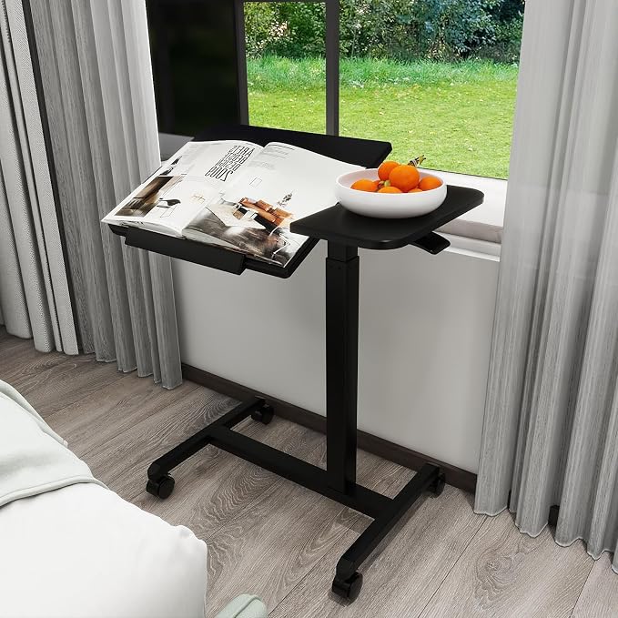 PUNCIA 28" Overbed Table with Split Tilting Desktop,Pneumatic C Table,Black | Mobile Laptop Desk for Bedside, Height Adjustable End Table with Wheels, Computer Cart for Home Sofa Office & Hospital Use