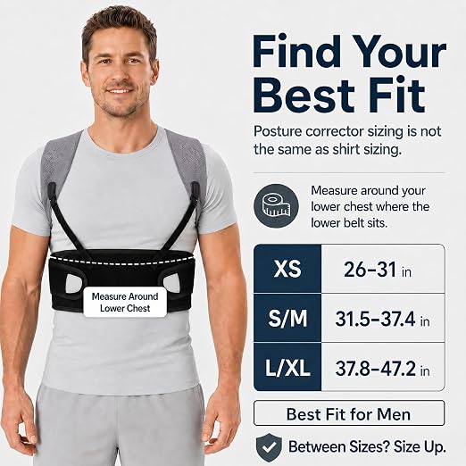 Posture Corrector for Men, Adjustable Upper Back Brace with Breathable Mesh Back, 4 Flexible Support Stays & Underarm Fit Adjustment, Back Straightener Helps Reduce Slouching Strain for Desk Work, Sitting, Reading & Posture Training