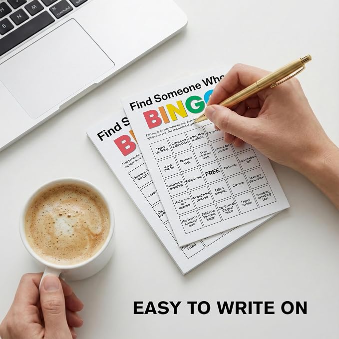 Find Someone Who Bingo Cards, 25 Unique Randomized 5x7 Sheets, Get to Know You Bingo Game for Adults, Ice Breaker Office Party Games, Team Building Games for Work, High Replay Value - B003