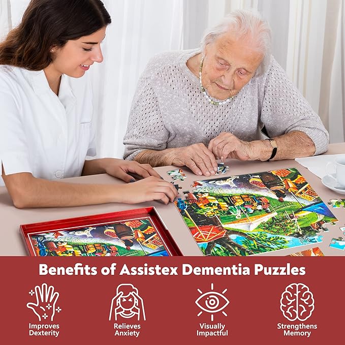 Assistex Dementia Jigsaw 100 Large Puzzle for Seniors - Alzheimer's Activity for Adults with Conversation Prompts - Best Memory Game for Patiens in Nursing Home - Build in Box Activities for Elderly