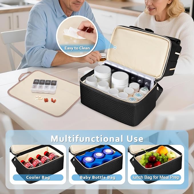 Fasrom Medicine Travel Bag, Pill Bottle Organizer w/Insulated Compartment | Double Layer Design with Waterproof Mat, Stores Vitamins & Medical Supplies, Travel, Home and Daily Medication Storage