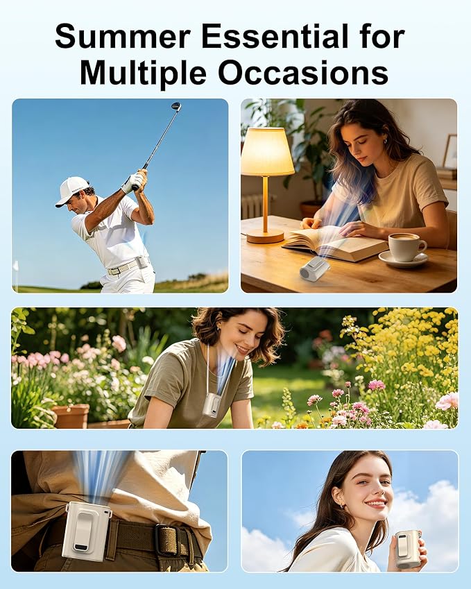 Portable Waist Fan, Ultra Lightweight Wearable Clip On Fan for Shirt, Mini Personal Neck Fan for Travel, Hands Free Belt Fan with Strong Airflow, Rechargeable Small Body Fan for Women & Men