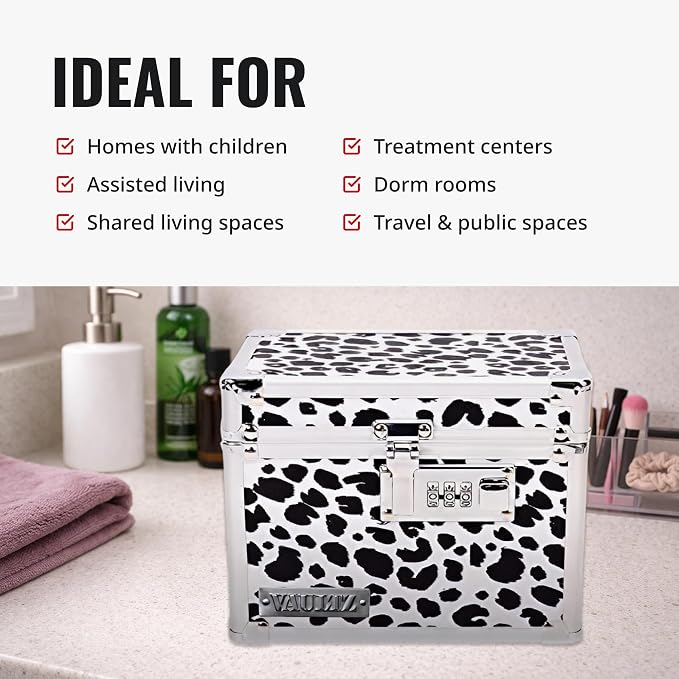 Vaultz Locking Medicine Box with Combination Lock - Secure Metal Lock Box Safe for Medication, Pills & Valuables, Small Lockbox with Code, Portable Storage Case, Leopard