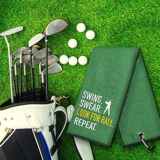Swing Swear Look for Embroidered Green Golf Towel, Funny Towels for Golf Bags with Clip, Retirement Birthday Gifts for Grandpa Grandma Dad Golfer GolfLover, Golf Accessories for Men Women