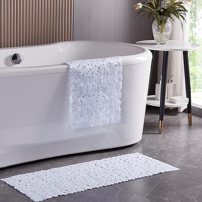 Bath Shower Mat Non Slip: Extra Large Pebble Bathtub mat for Kids, Elderly, Anti Slip Shower Matt with Drain Holes Suction Cups Tub Mat - 16 X 40 Inch White