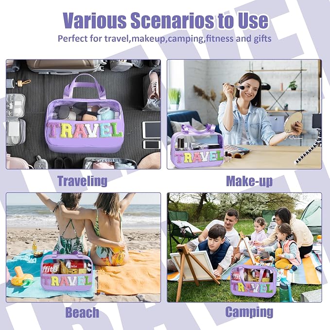 BuyCard Chenille Letter Patch Clear Travel Bags, Preppy PVC&Nylon Makeup Bag with Handle and Zipper, Waterproof Large Clear Travel Toiletry Bag Storage Bag for Women Girls