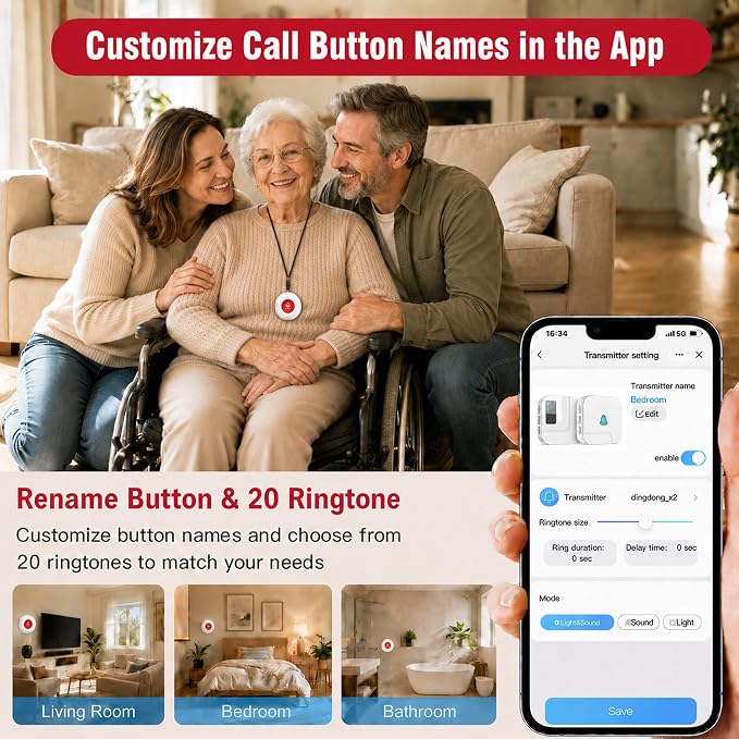 SanJie WiFi Caregiver Pager with Remote App Alerts & Family Sharing, IP55 Water-Resistant Call Button for Elderly at Home, Recovery Care & Night Care, 110dB Loud Alarm & 20 Chimes (Only 2.4GHz Wi-Fi)
