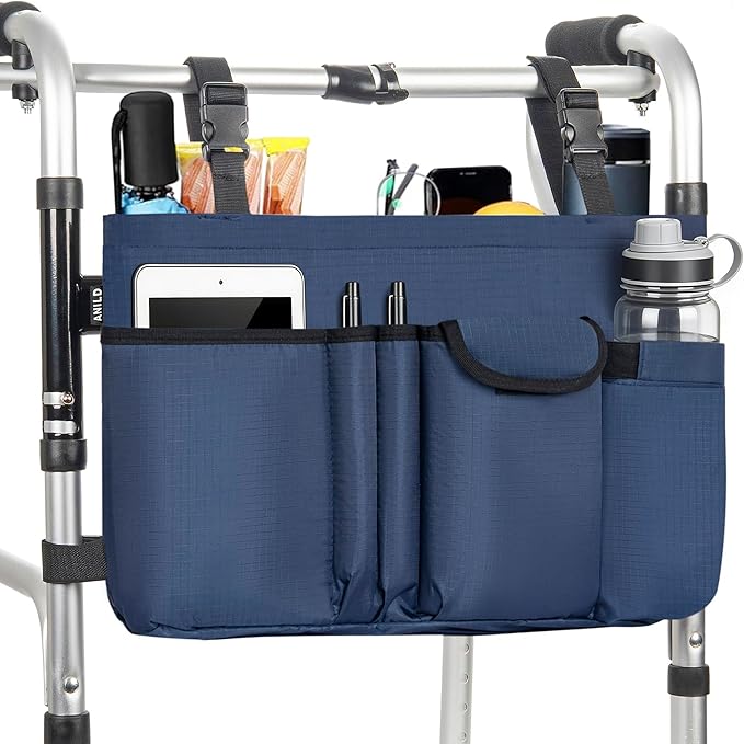 ANILD Walker Bag Basket with Cup Holder, Foldable Walker Bag for Folding Walker Accessories for Seniors Elderly, Walker Storage Bag with Large Capacity