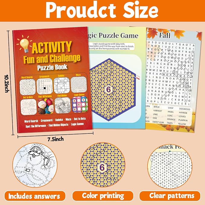 Elfew 4 Pack Activity Book for Adults, Puzzles Books for Seniors | 150+ Brain Games, 8-IN-1 Puzzle Games, Color Printing & Large-Print, Memory Games Includes Word Search, Sudoku, Maze and More