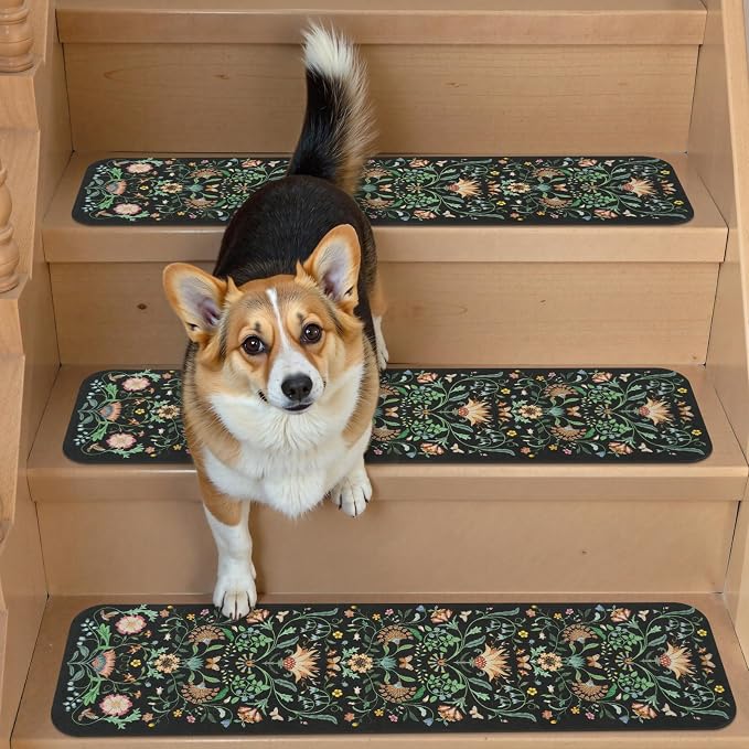 OJIA Floral Stair Treads Non-Slip Stair Runner 15PCS 30"x8" Black | Carpet Stair Treads for Wooden Steps Indoor Stair Mats Staircase Step Treads for Kids, Elders and Dogs, Stair Covers