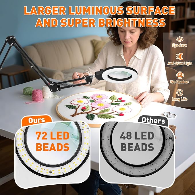 KIRKAS 12X Magnifying Glass with Light and Stand, Extra-Long Arm Knob | Magnifying Lamp for Workbench Craft, Sewing, LED Lighted Magnifier Real Glass Lens Stepless Dimming and Color (35in Clamp)
