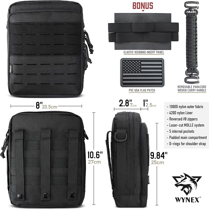 WYNEX Tactical Molle Admin Pouch, Molle Pouches of Double Layer Design | Utility EDC Pouch Organizer, Modular Tool Pouch, Medical EMT Attachment Bag,Large Capacity, Elastic Webbing Insert Panel