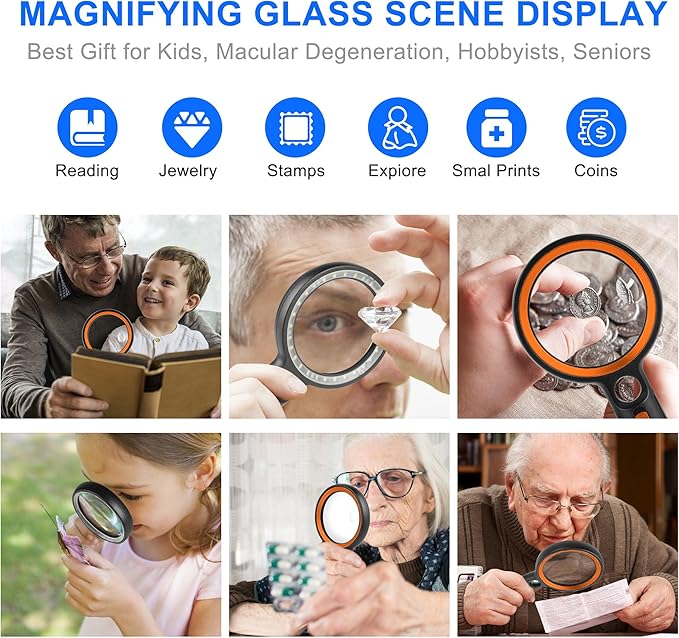 Magnifying Glass with 30 LED Lights, 10X 20X 45X Handheld Illuminated Lighted Magnifier with 1UV Light for Seniors Reading, Inspection, Coins, Jewelry, Exploring Light Magnifying Glass (Orange)