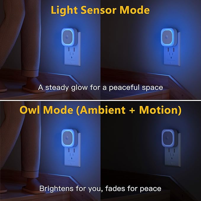 2 Pack Plug in Night Light with Motion Sensor & Dusk to Dawn Sensor, 3 Sensor Modes, Auto ON/Off, Dimmable, Night Lights Plug into Wall for Bathroom, Kitchen, Adults, Indoor, Light Blue