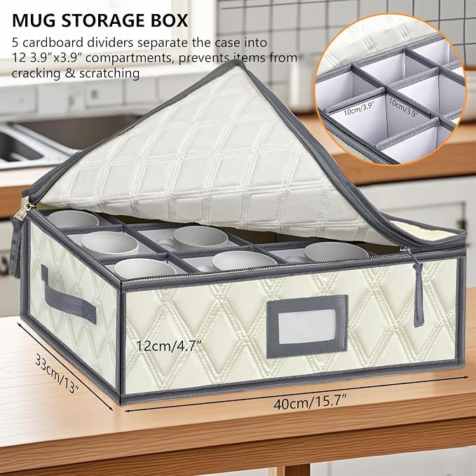 Mug and Cup Storage Box with Dividers - 1 Pack China Storage Bin Containers Holds 12 Glassware, Stackable Coffee Mug Organizer Bin and Tea Cup with 2 Metal Zipper,Label and Handles