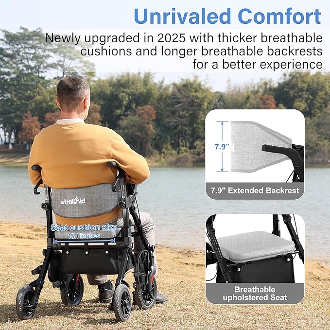 Rollator Walkers for Seniors with Seat, Walker Wheelchair Combo, 2 in 1 Rolling Walker Transport Wheelchair Lightweight Foldable, 10" Big Wheels Transport Chair with Brakes,Grey