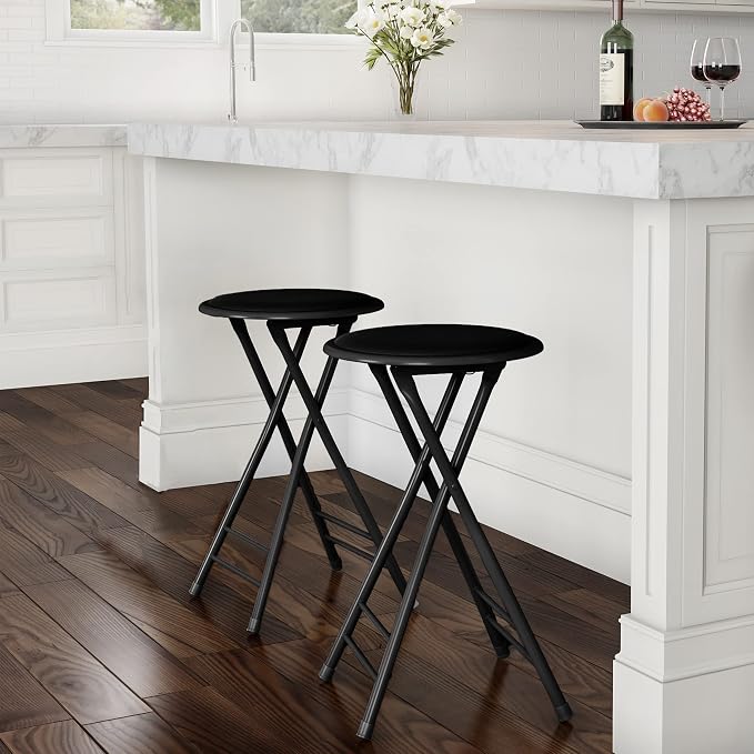 Lavish Home Folding Stool with Padded Backless Seat Set of 2, Black, 24” | Counter Height Bar Stools with 225lb Capacity, Portable Indoor & Outdoor, Extra Seat for Kitchen, Rec Room or Camping