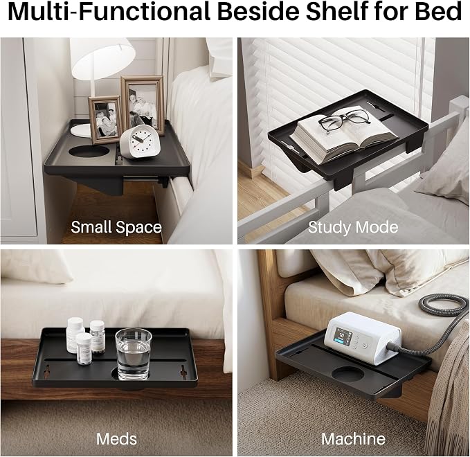 JOYMOOP Clip-On Bedside Shelf for Bunk Beds, Dorm Room Essentials, Bedside Caddy, No-Tool Install Bed Side Table Storage for Loft, Platform Beds, Nightstand Caddy for Phone, Glasses, Book, Black
