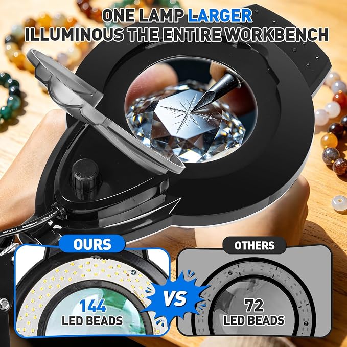 KIRKAS 12X LED Magnifying Lamp with Clamp, 2,200 Lumens Dimmable Bright | 28in Adjust Swivel Arm Magnifying Glass with Light for Repair Reading Craft Needlework Hobby Workbench Magnifier Dust Cover