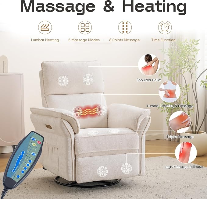 Power Nursery Recliner with Auto Rocking,Oversized Swivel Rocker Recliner with Massage and Heat,Glider Recliner Nursery Chair with Adjustable Headrest for Living Room and Bedroom,White