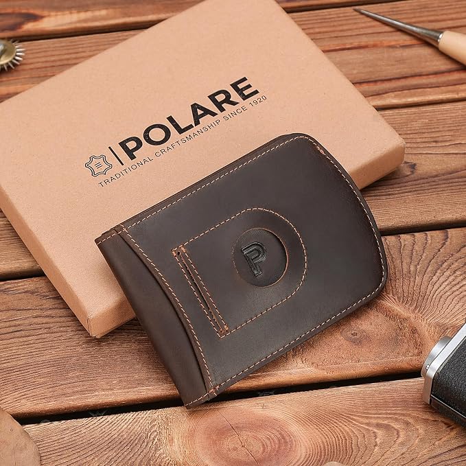 Polare Slim Curve Front Pocket RFID Blocking Italian Real Leather Bifold Wallet for Men (Dark Brown with AirTag Holder)