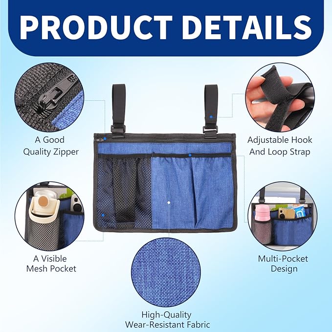 Wheelchair Side Bag, Waterproof Oxford Wheelchair Armrest Storage Pouch with Multiple Pockets, Durable Wheelchair Bags to Hang on Side for Most Wheelchairs, Walkers & Rollators(Blue)