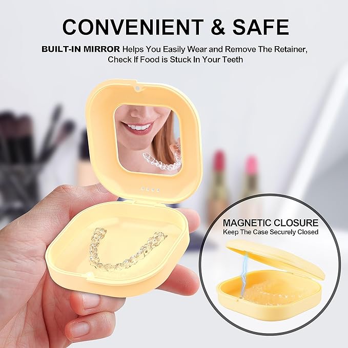 Retainer Case with Mirror and Vent Holes, Cute Retainer Holder Case Compatible with Invisalign, Aligner and Night Guard Case, Slim Retainer Case with Retainer Removal Tool, Chewies & Brush (Yellow)