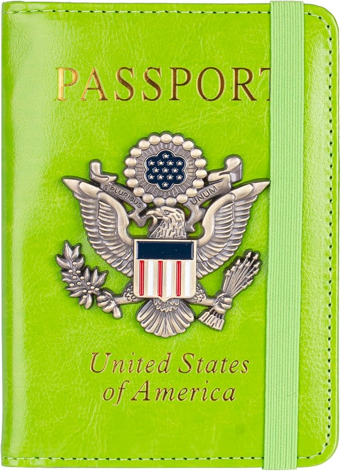TOURSUIT RFID Blocking Passport Holder, Leather Travel Wallet, Green | Travel Document Holder Cover Accessories, 3D Metal Badge, For Women Men