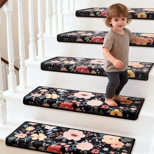 RORA Bullnose Stair Treads for Wooden Steps, Non Slip Stair Carpet 14pcs | Washable, Self-Adhesive, Floral Stair Rug Runner with Edge Protection for Indoor, Pets & Elder, 29.5 x 9.5x 1.7, Black