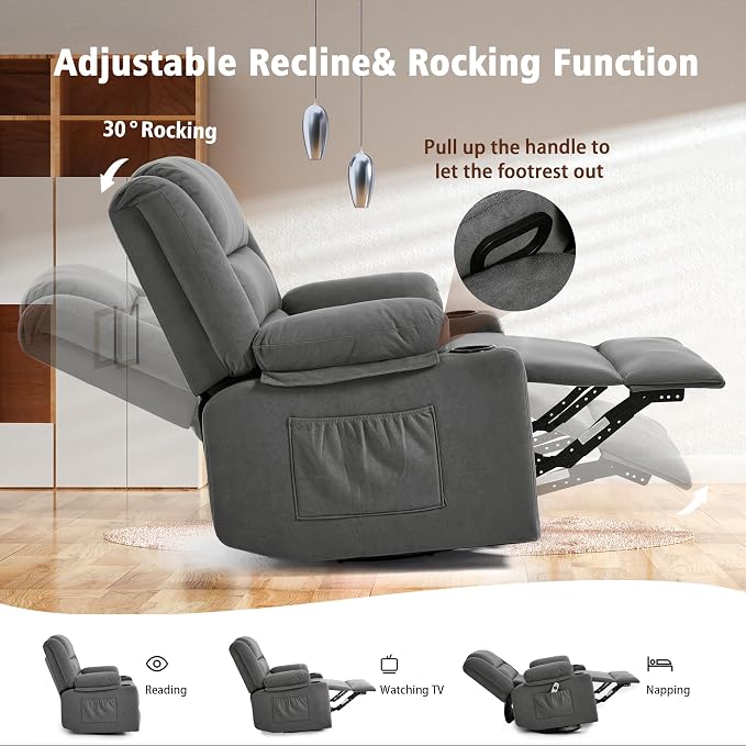 Ketaiyou Swivel Rocker Recliner Chair for Adults with Massage and Heat, Cup Holders and Side Pockets, Glider Rocking Reclining Single Sofa Chair for Living Room (Grey2)