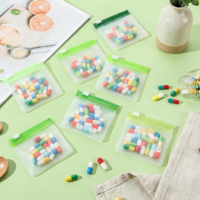 Sherr 35 Pcs Pill Pouch Bags with Zipper Pill Pouch Set Travel Reusable Translucent Medicine Organizer Self Sealing Plastic Bag with Slide Lock for Storage(Gradient Green,3 x 3 Inch,Blank Style)