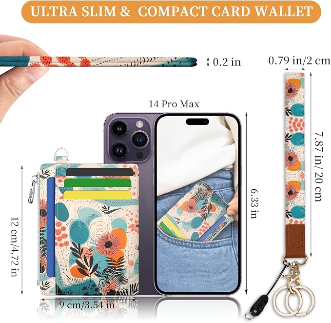 Hancynir Boho Floral Small Wallet Women Credit Card Holder, Wristlet RFID | Cute Keychain Lanyard Wallet, Travel Zipper Coin Pocket, Ladies Gifts Women, Minimalist Card Case, 6 Card Slots, PU Leather