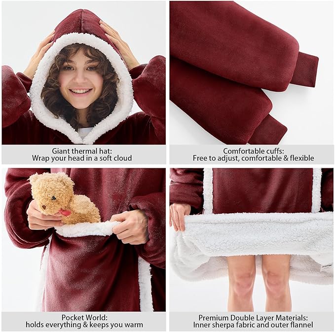 JOYWOO Wine Red Wearable Blanket Hoodie,Oversized Cat Lovers Sweatshirt Blanket for Adult & Teens,Birthday Gifts for Women Men Mom Girl Boys,Cozy Sherpa Blanket Giant Pocket Gifts,Burgundy Small