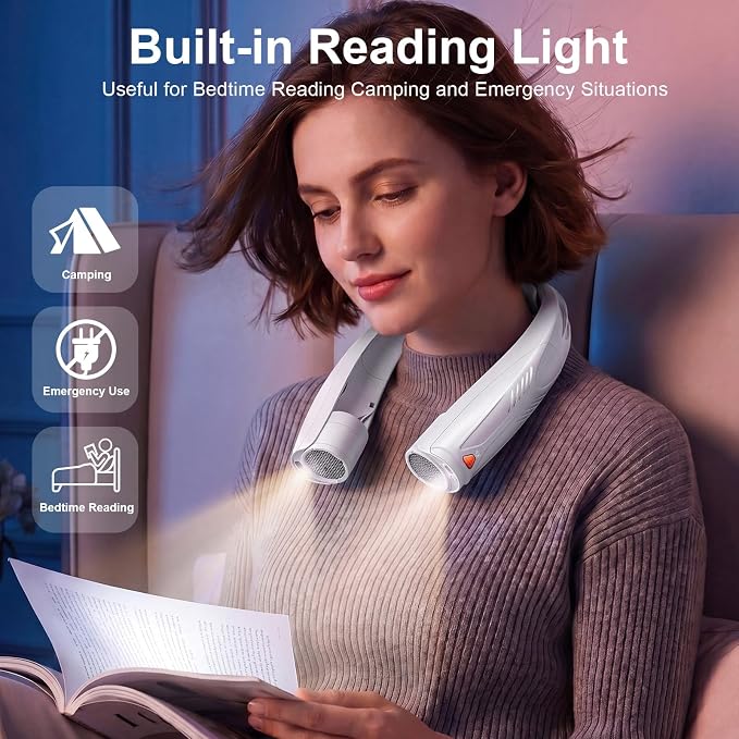 Portable Neck Fan with Reading Light, 6-Speed Wearable Fan, 6000mAh USB-C Rechargeable Hands Free Fan, Summer Gifts for Men Women, for World Cup, Outdoor Work, Travel, Camping - White