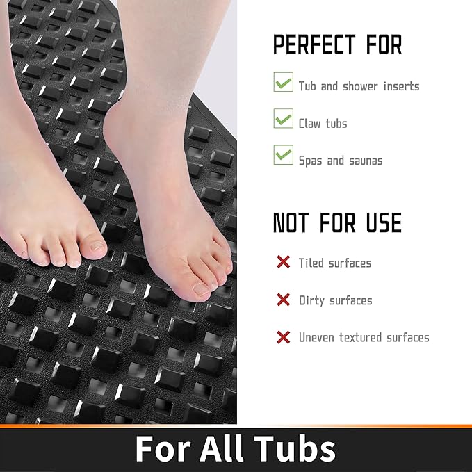Yimobra Non Slip Bath Mat, Super Strong Suction Cups,34.5"x15.5"Long Tub Mat with Drain Holes, Machine Washable Fast Draining Shower Mats, Bathroom Essentials,Black