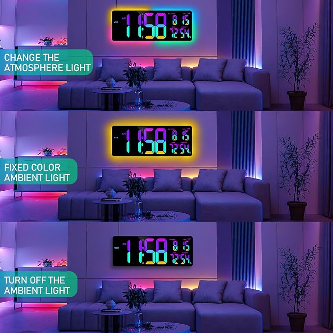 TXL 17.2'' Bluetooth Large Digital Wall Clock, LED Large Display Timer with RGB Ambient Lights,Temperature/Humidity, Remote Control, Adjustable Brightness for Home, Office, Classroom