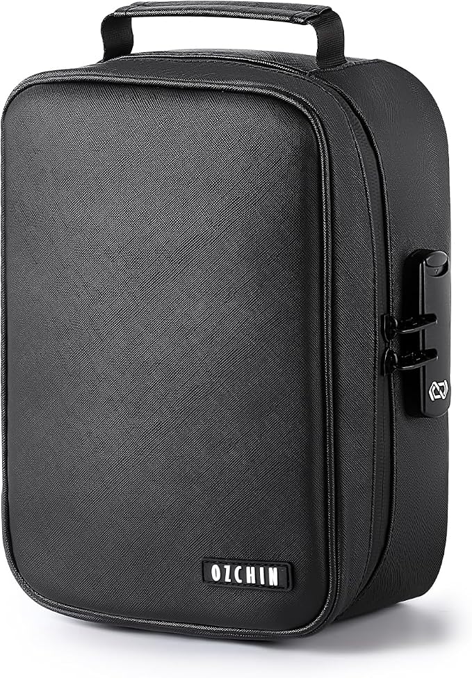 OZCHIN Smell Proof Bag with Combination Lock Tobacco Pipe Pouch Bag File Organizer Case Container Medicine Lock Box Odorless Storage Bag Great Gift for Friend (Black, L)