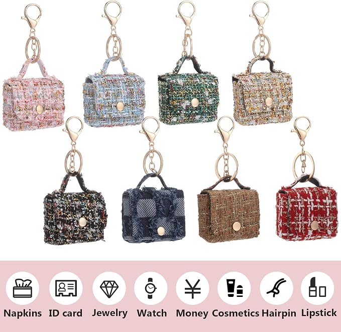 Liliaafar 8 Pcs Mini Backpack Keychain Mini Coin Purses for Women Cute PU Leather Makeup Bag with Keychain, Multi Pocket Card Holder Cable Organizer Giftable Zipper Pouch (Elegant Tweed)
