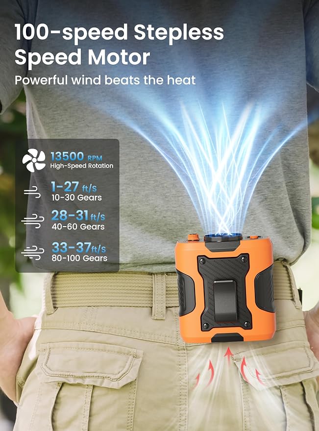 Koonie Waist Clip-on Shirt Fan, 100 Levels of Speeds, 24H Use Time, Orange | Cool Clip Fan Under Shirt Fan, Rechargeable Battery, Wearable Belt Personal Device for Outdoor Work, Camping, Travel