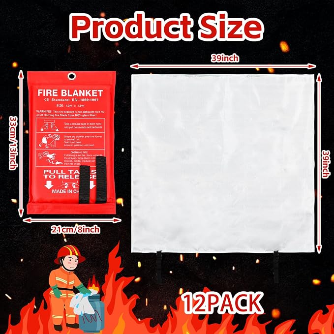 Macarrie 12 Pack Fire Blankets 39” x 39” Fire Blanket Emergency for Home and Kitchen Extinguisher Blankets Fiberglass Suppression Blanket Safety Fireproof Survival for Car Office Warehouse (Red)