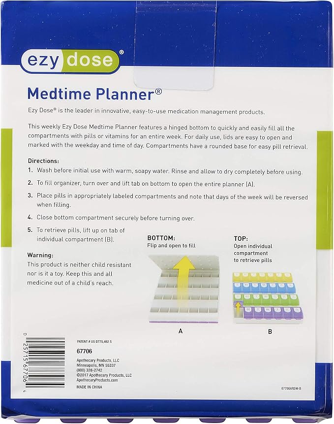 EZY DOSE Weekly (7-Day) Pill Case, Medicine Planner, Vitamin Organizer Box, 4 Times a Day, Large Compartments, Easy Fill All Compartments at Once Organizer, Multi-Colored, BPA Free | Pill Case, Medicine Planner, Vitamin Organizer Box, 4 Times a Day, Ea...