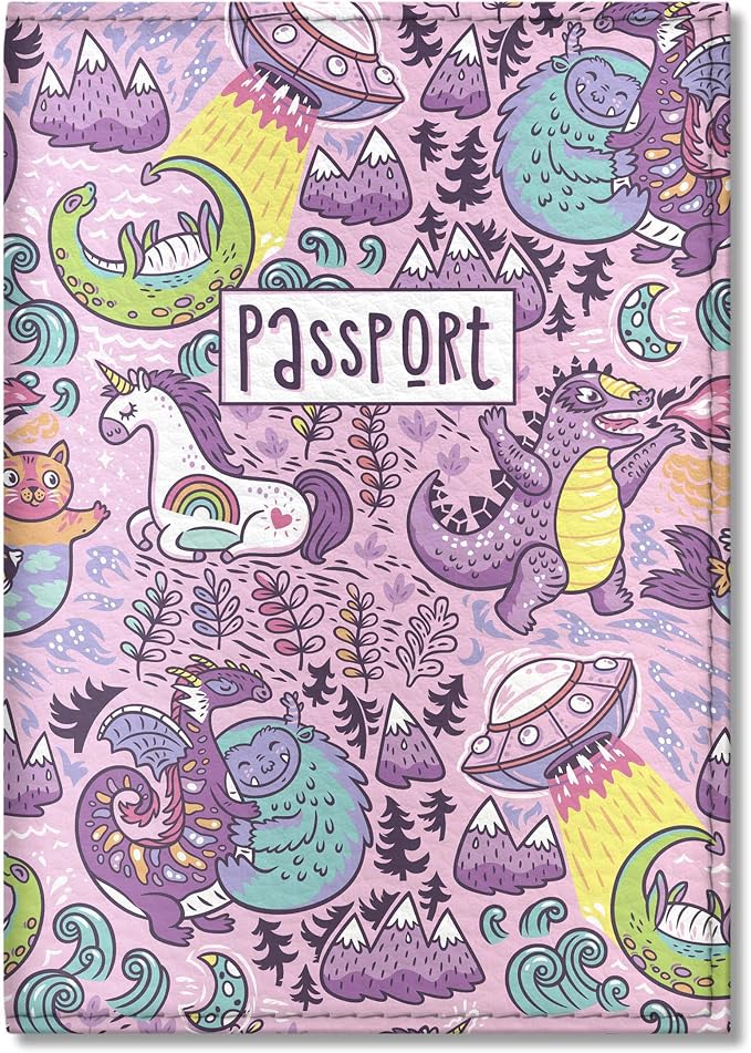 Passport Cover for Kids, Women and Men, Cute Travel Passport Holder (Dragon Yeti Pattern)