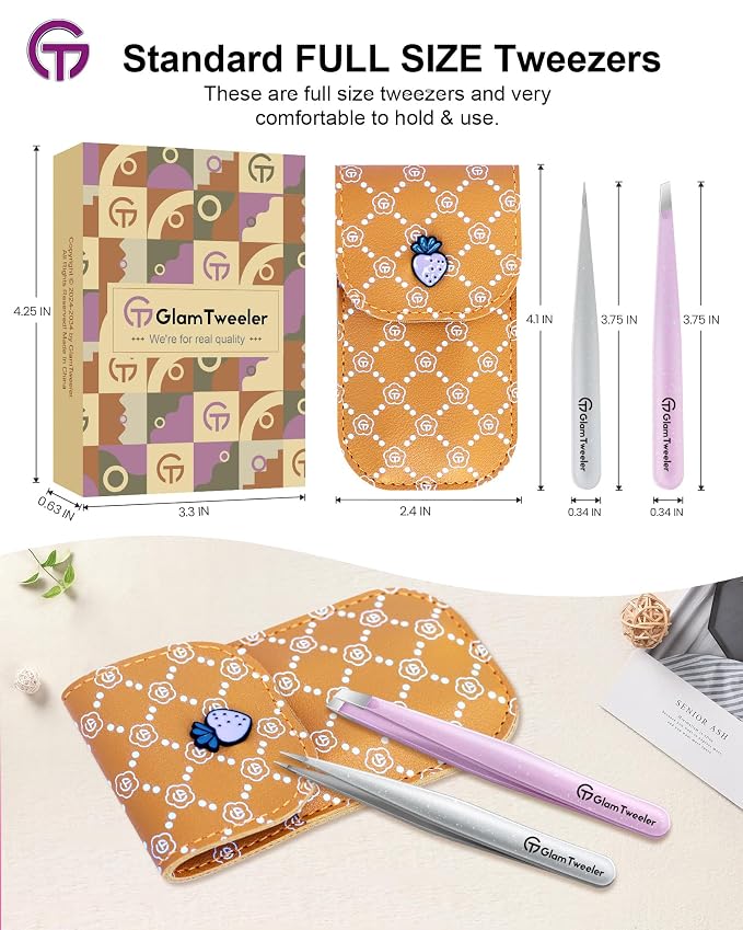 Expert Slant and Point Tip Tweezer Set with Exclusive Storage & Carrying Case, GlamTweeler Sharp & Precision Tweezer Set for Eyebrows, Facial Hairs & Fine Hairs Removal (Sparkle Baby Pink + Silver)