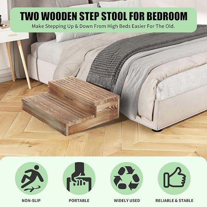 Wooden 2 Step Stool for High Beds, Moderate & Applicable 2-Step Stools for Seniors, Solid Wood steppingStool, Built-in Handle for Easy Carrying, 25.6" W