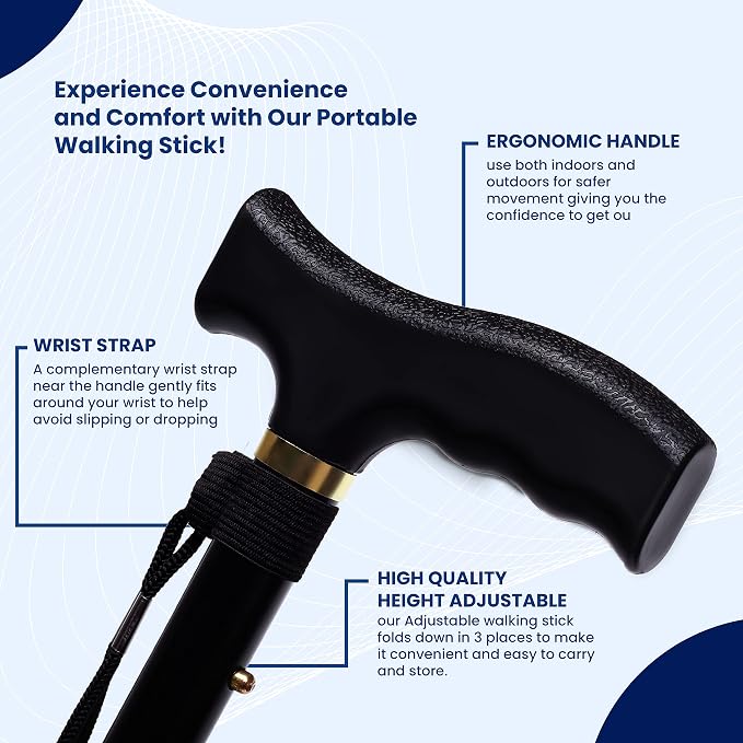 Walking Cane for Men & Women – Foldable, Adjustable, Self-Standing Cane with 360° Pivot Base, Comfortable Grip, Heavy Duty Canes for Women, Collapsible Walking Stick with Travel Bag for Seniors Adults