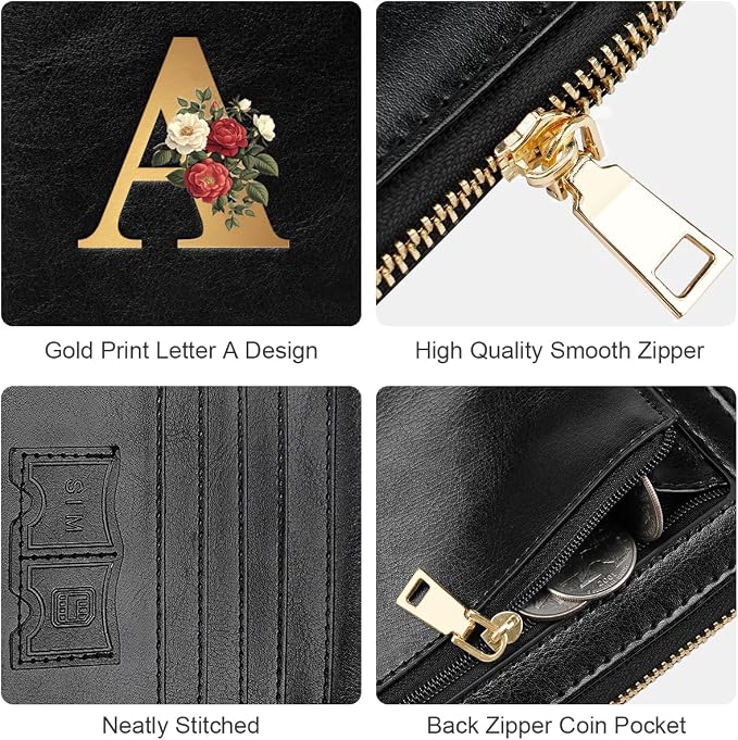 Passport Holder for Travel Personalized Wallet with Wristlet Women | Passport Cover, RFID Blocking, Passport Book Holders, Back Coin Pocket, Zipper Closure, Roses Initial Letter, Black A