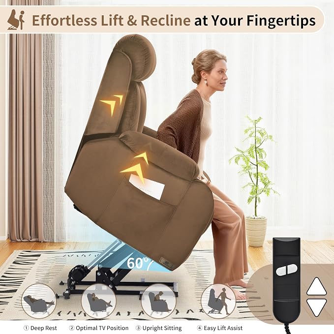Power Lift Recliner with Remote for Elderly Living Room, Velvet | Side Pocket | Silent Motor | Electric Lift Chair Recliner | Easy Assembly